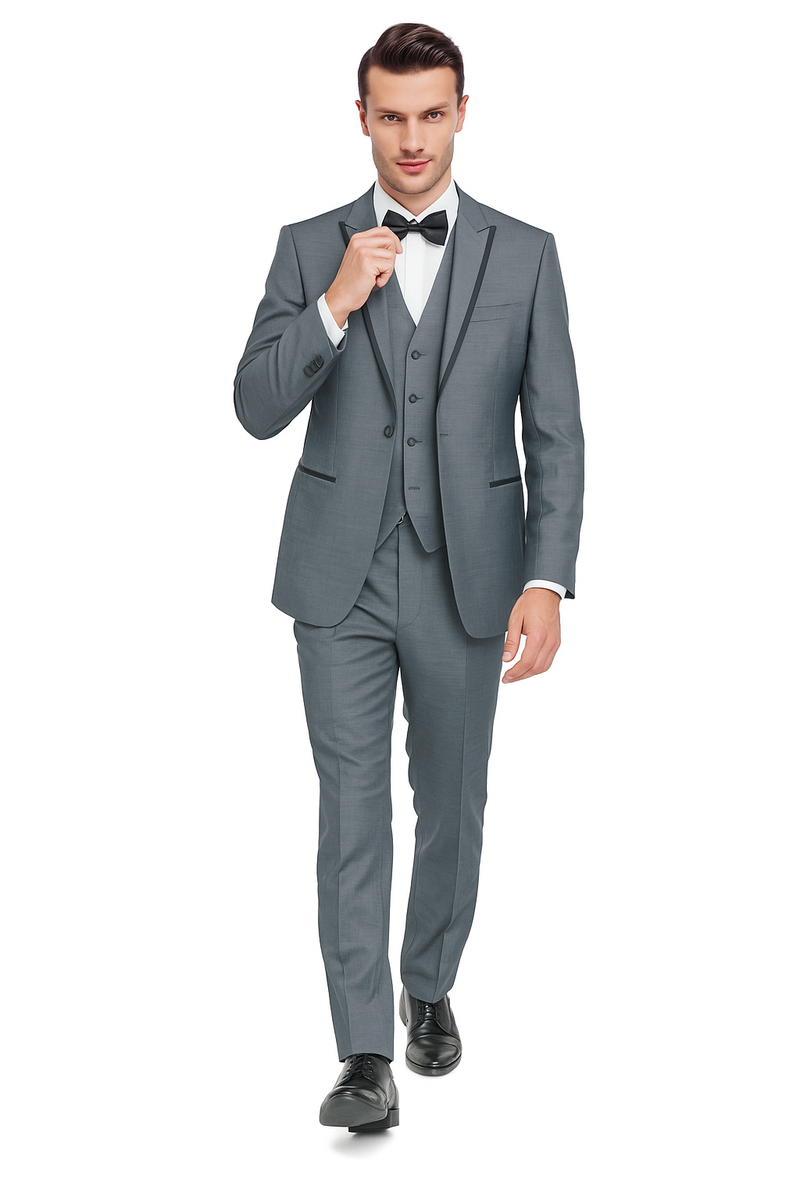 Gray tailored tuxedo with two-button jacket, matching vest, and flat-front trousers. Features black satin lapels and textured fabric.
