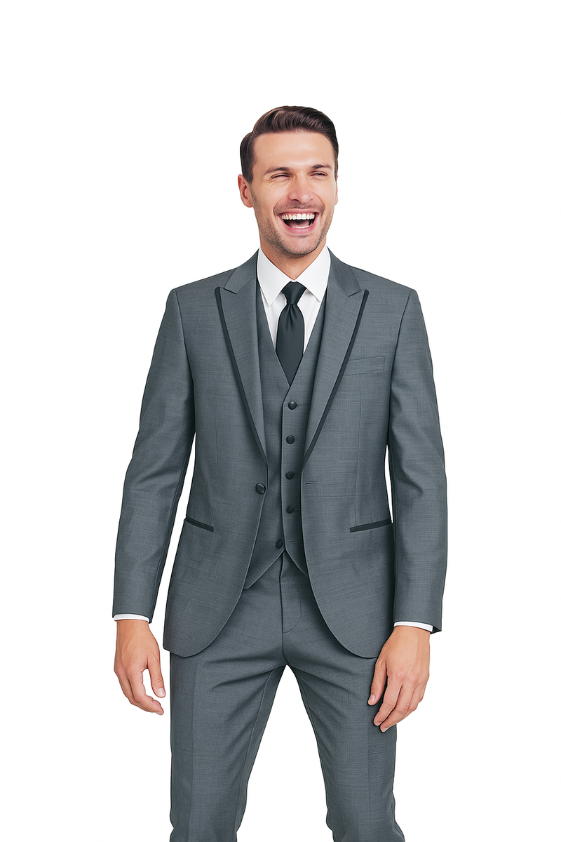 Gray sharkskin Oscar tuxedo with tailored fit, two-button front, notch lapel. Includes matching vest, black piping details. Flat-front trousers. Refined, smooth fabric.

