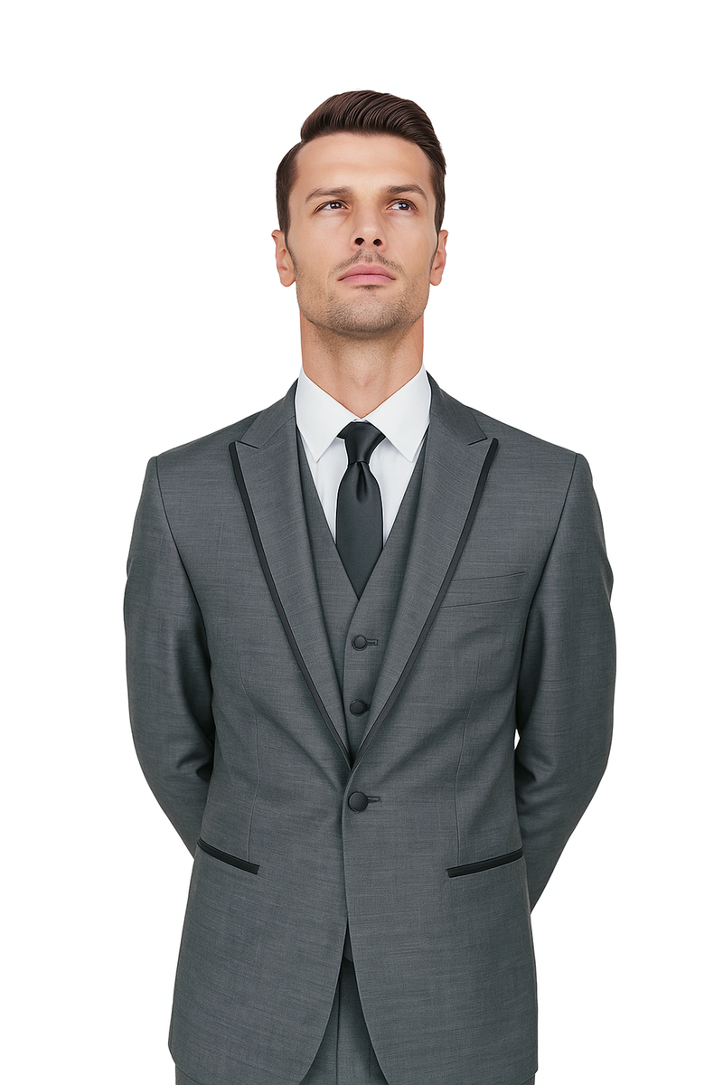 Gray sharkskin Oscar tuxedo: structured silhouette. Single-breasted jacket, black lapel piping. Three-button vest, matching tie. Tailored straight cut for a formal look.
