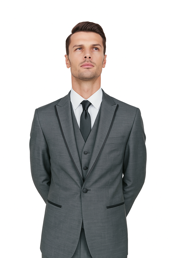 Gray sharkskin Oscar tuxedo: structured silhouette. Single-breasted jacket, black lapel piping. Three-button vest, matching tie. Tailored straight cut for a formal look.
