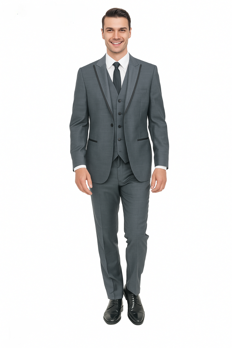 Gray sharkskin tuxedo with structured fit. Single-breasted jacket, three-button vest, tailored trousers, and black trim details. Classic and elegant formal wear.
