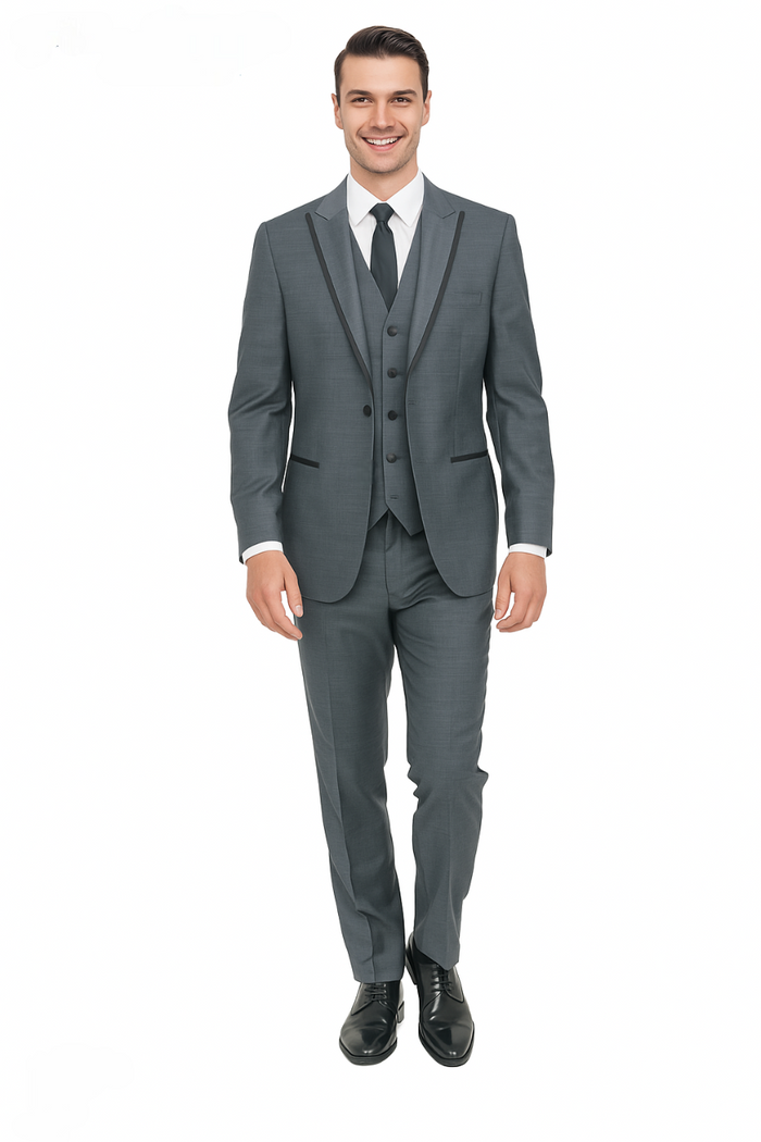Gray sharkskin tuxedo with structured fit. Single-breasted jacket, three-button vest, tailored trousers, and black trim details. Classic and elegant formal wear.

