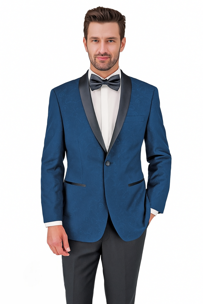 Burgundy single-breasted tuxedo with shawl lapels, featuring gray/blue paisley patterns. Jacket has two pockets and a satin finish. Structured, elegant design.
