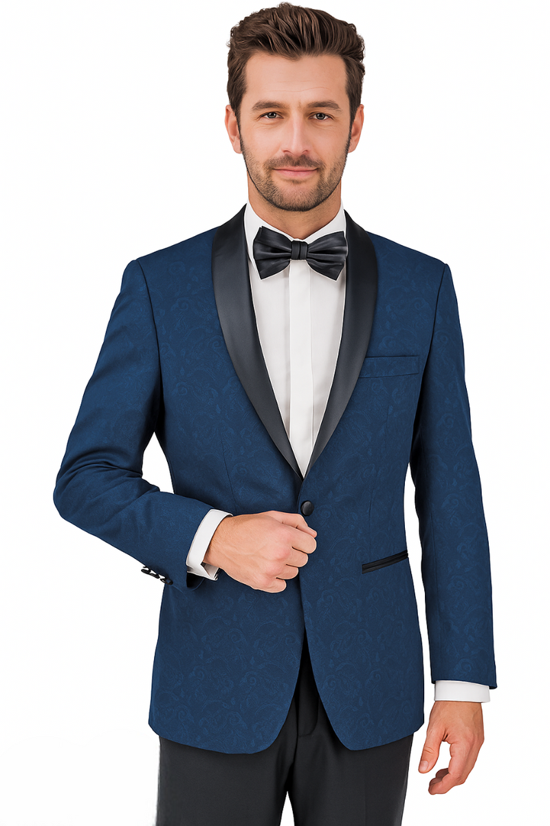 Deep blue paisley tuxedo. Structured, fitted, single-button, satin shawl lapel. Features gray accents. Paired with black bow tie and white shirt for a formal look.
