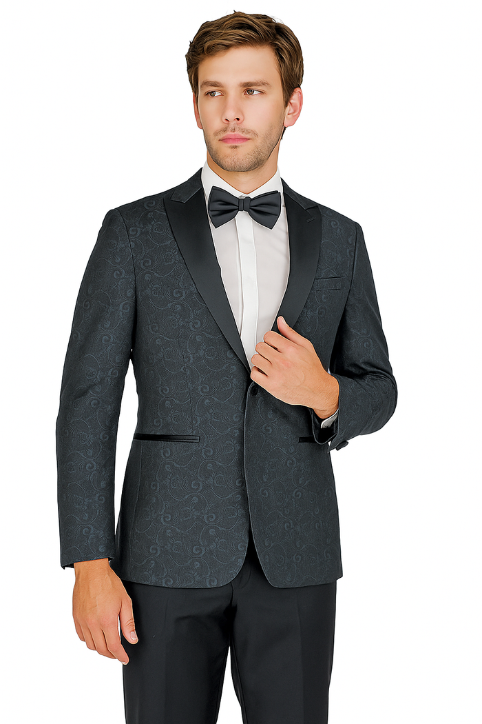Arlan Paisley Tuxedo: Tailored burgundy/blue jacket with black satin peak lapel and pockets. Paired with black pants and a matching bow tie. Classic and patterned.
