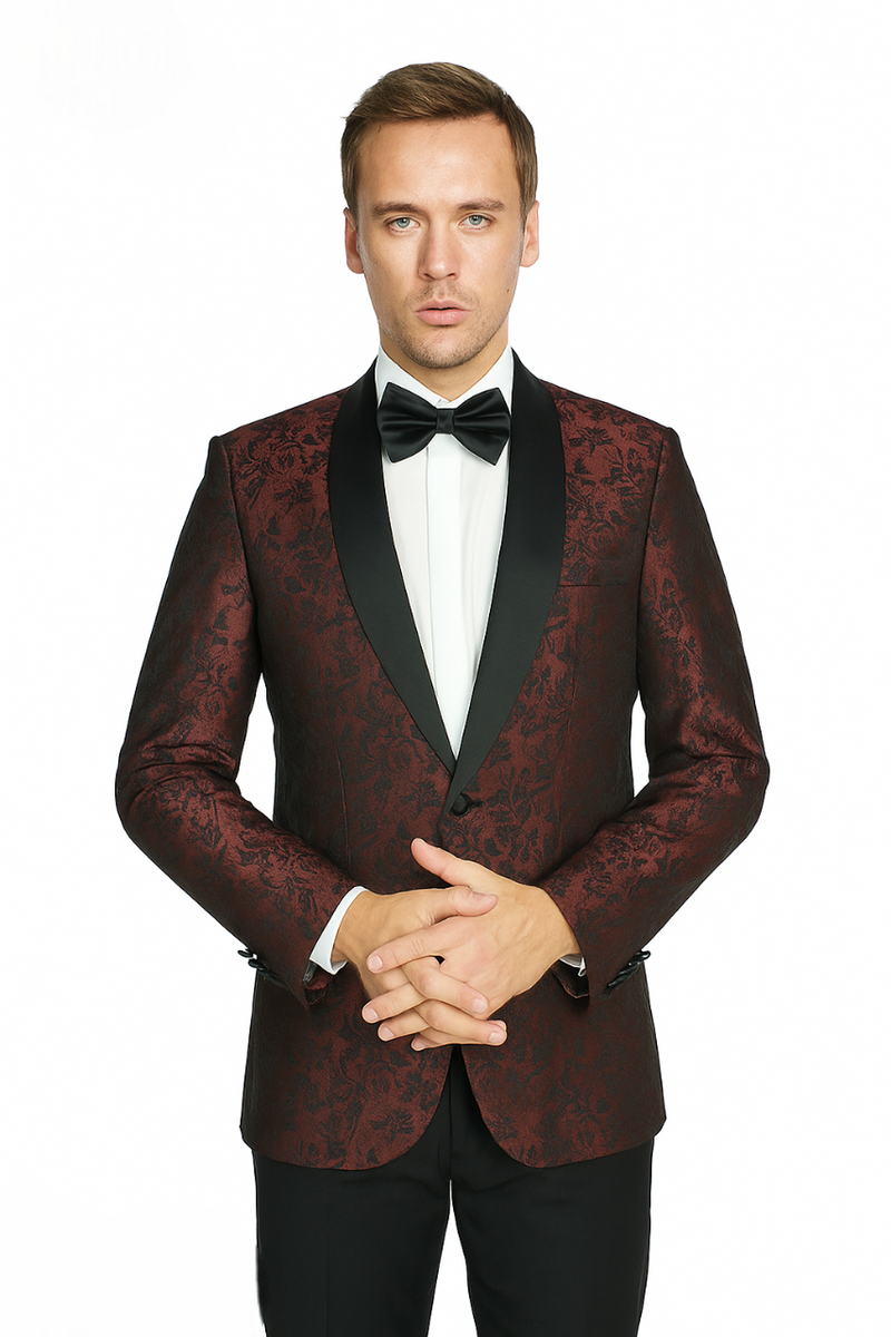 Burgundy Giorgio Fiorelli jacquard tuxedo with gray floral pattern. Single-breasted, shawl collar, black lapel. Textured material.
