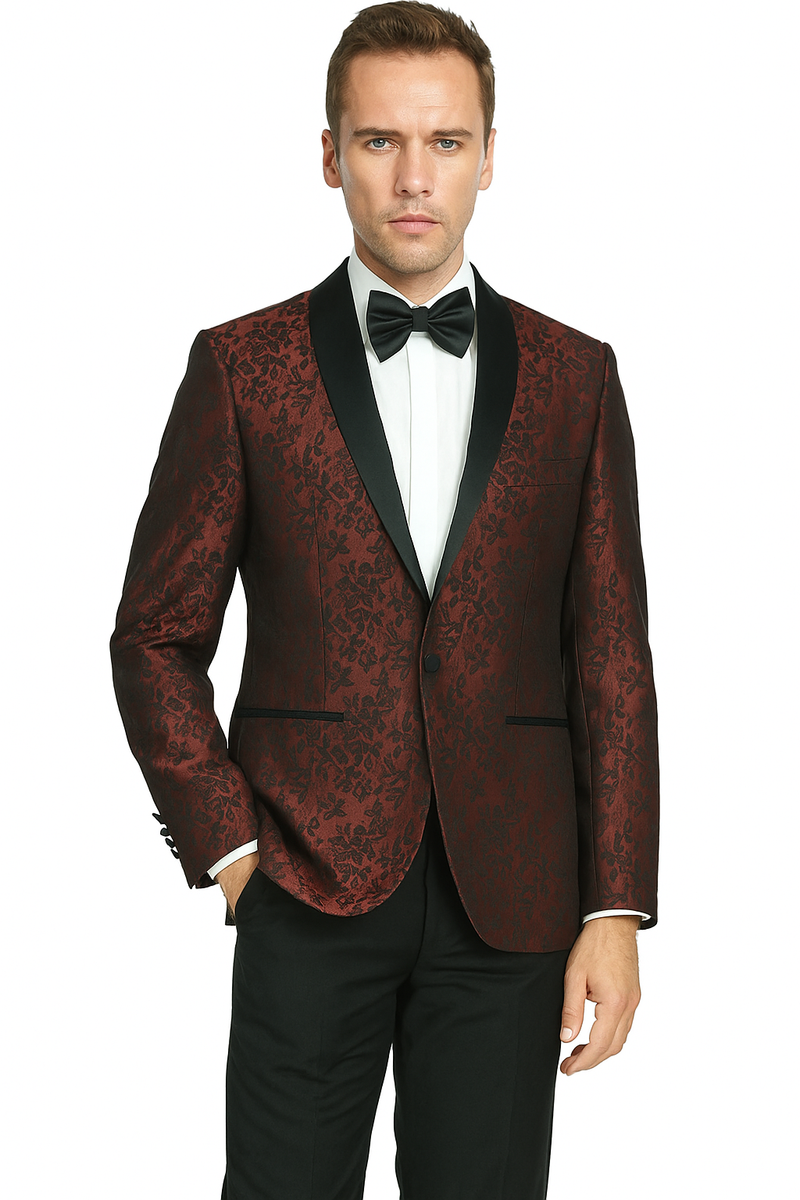 Burgundy & gray floral jacquard tuxedo. Textured fabric, shawl collar, single-button closure, & black piped edges. Slim fit. Paired with black trousers.
