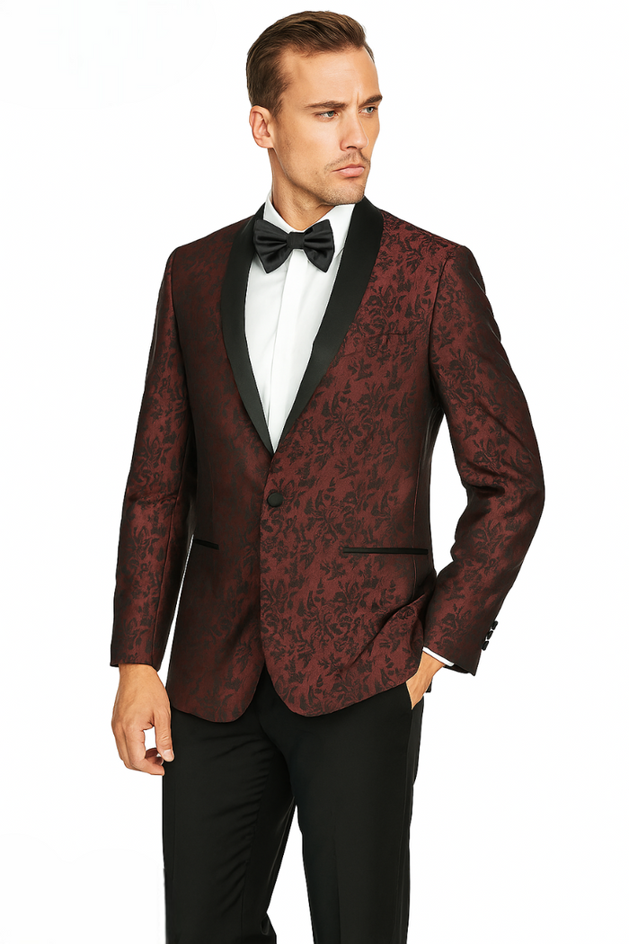 Giorgio Fiorelli tuxedo: burgundy gray floral jacquard. Black satin shawl lapel, single-button closure, two pockets. Textured fabric.
