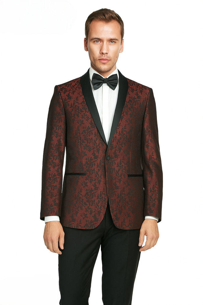 Giorgio Fiorelli tuxedo: burgundy/gray floral jacquard shawl jacket with black satin collar/piping. Tailored fit, paired with black trousers.
