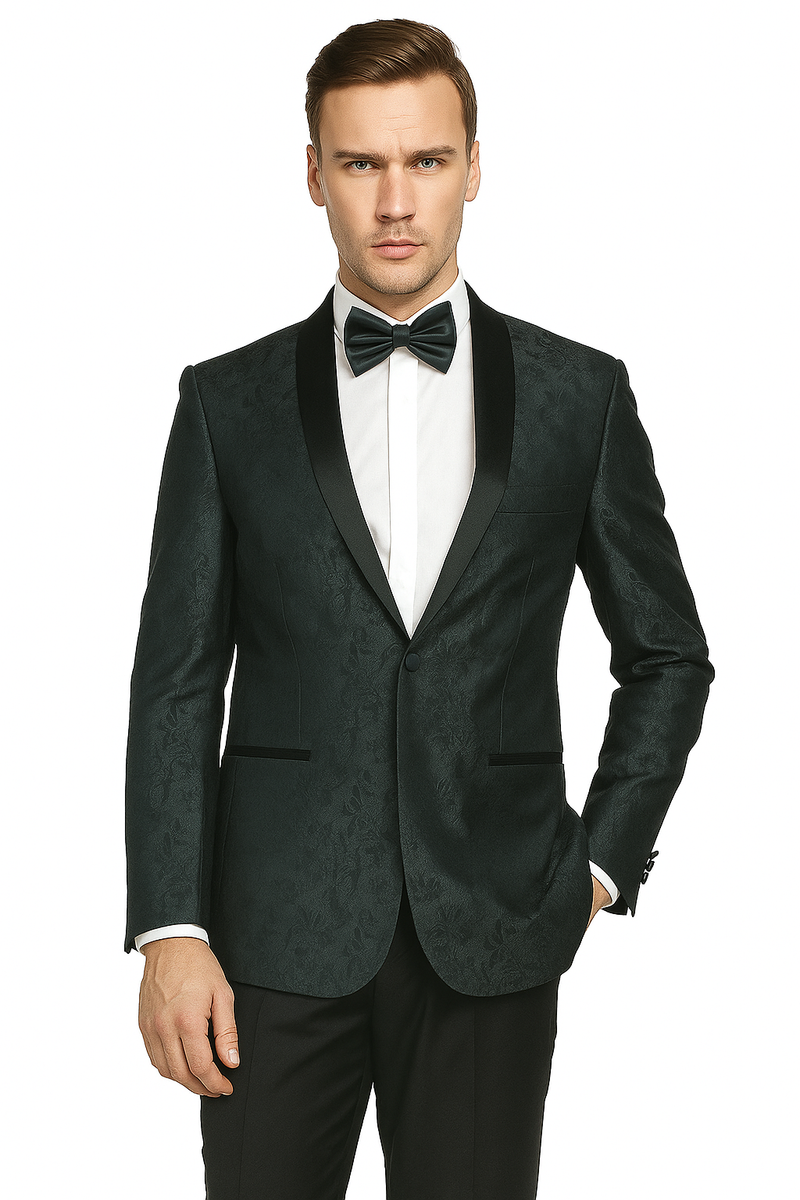 Burgundy & gray jacquard tuxedo with subtle floral pattern. Features a satin shawl collar, structured shoulders, and two front pockets. Single-button closure, styled with white shirt and bow tie.
