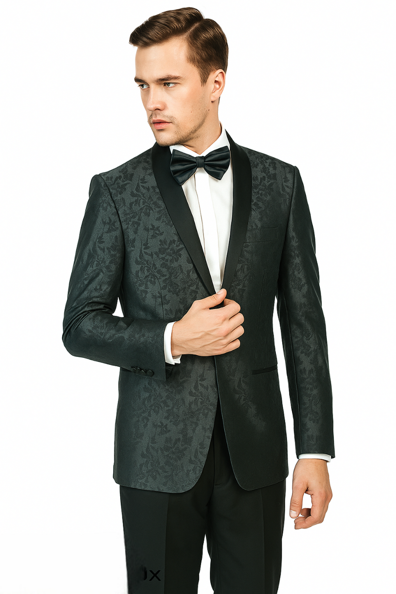 Burgundy & gray jacquard tuxedo with floral pattern, shawl collar, single-breasted closure. Features chest & side pockets. Paired with black bow tie & white shirt.
