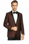 Giorgio Fiorelli's jacquard tuxedo: burgundy/gray floral pattern, black satin shawl collar. Fitted shape, single-button closure, tailored silhouette.
