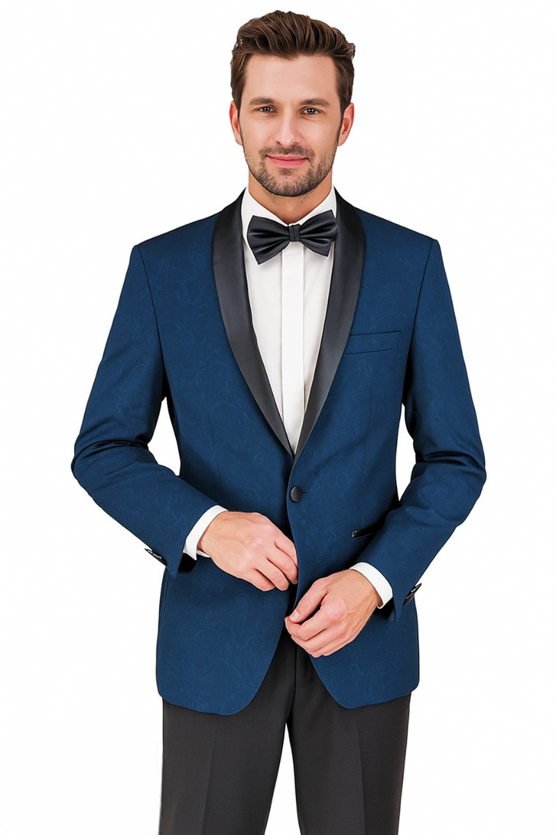 Burgundy, gray & blue paisley tuxedo. Fitted, single-button front. Textured fabric, satin shawl collar. Includes white shirt & black bow tie.
