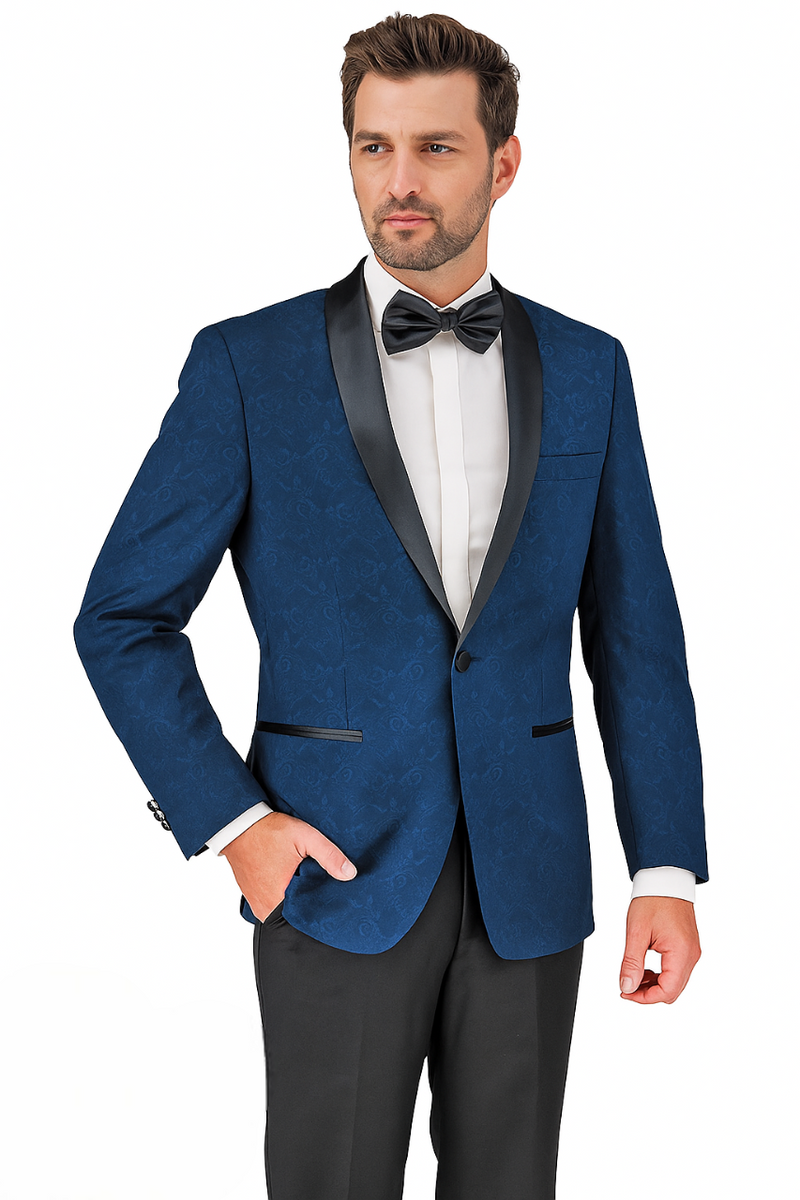 Dark blue paisley tuxedo with black satin shawl collar and trim. Structured fit, single-button closure, and two front pockets. Smooth fabric.
