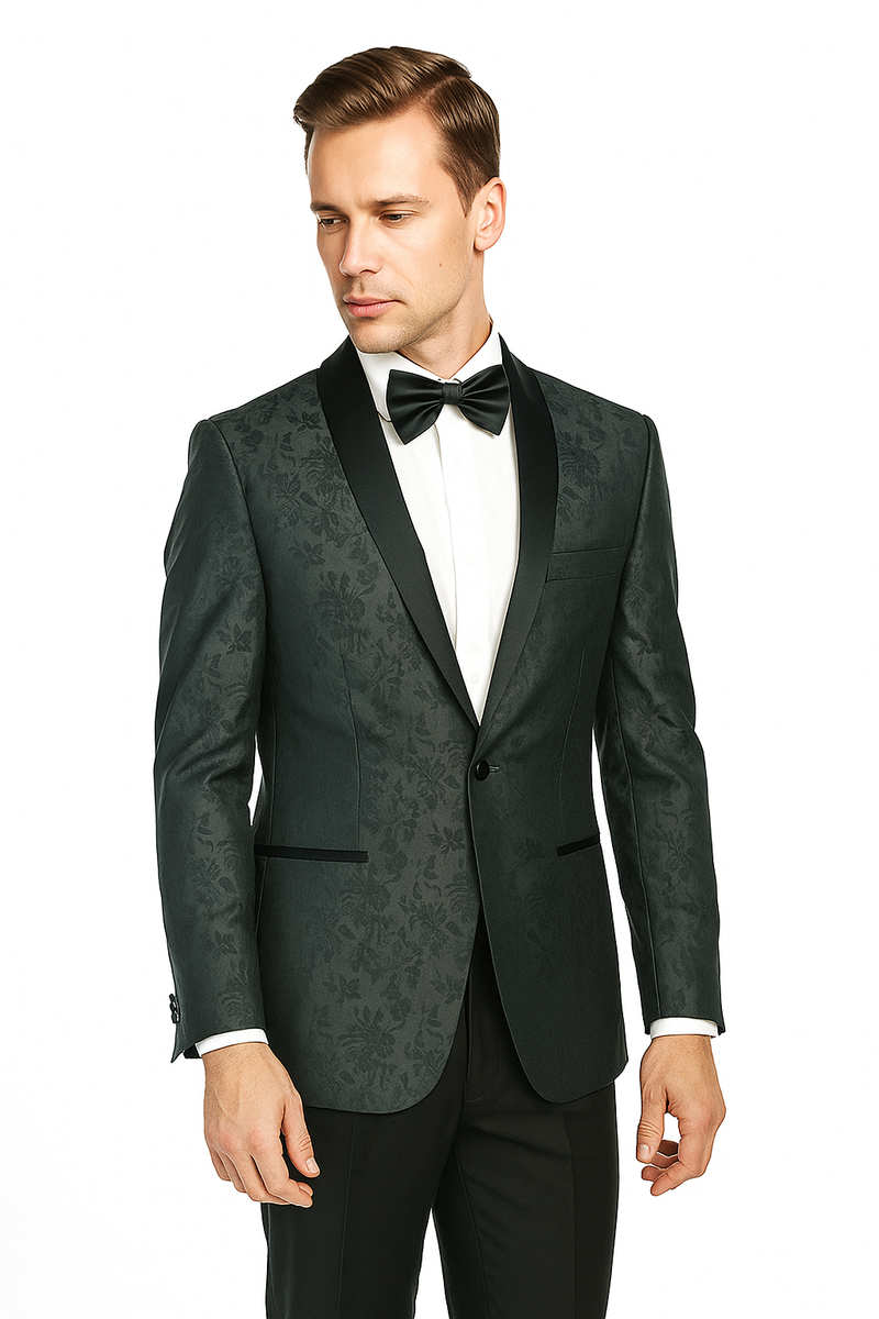 Burgundy & gray jacquard tuxedo with fitted silhouette. Features shawl collar, single-button closure, and textured fabric with floral patterns. Includes padded shoulders, tapered sleeves, & black-outlined pockets. Tailored for formal wear.

