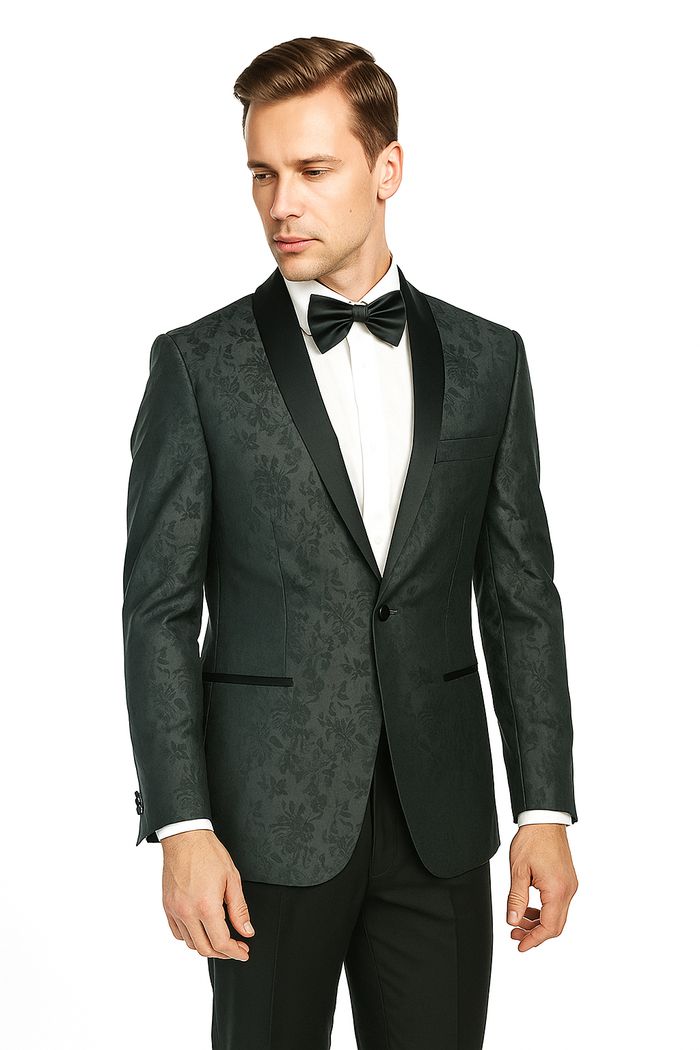 Burgundy & gray jacquard tuxedo with fitted silhouette. Features shawl collar, single-button closure, and textured fabric with floral patterns. Includes padded shoulders, tapered sleeves, & black-outlined pockets. Tailored for formal wear.
