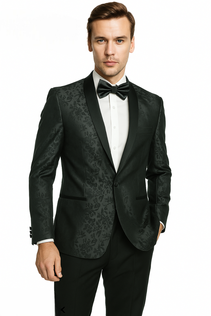 Burgundy shawl jacquard tuxedo with gray accents. Fitted design, jacquard pattern, shawl collar, black buttons, and side pockets. Tailored and stylish.
