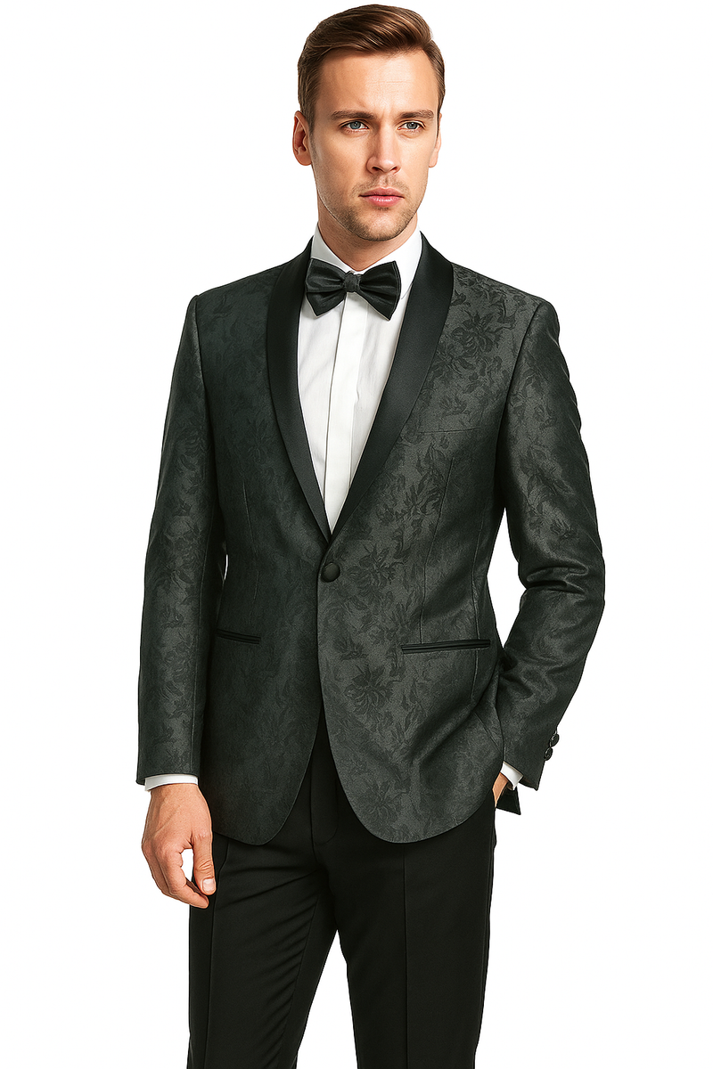 Giorgio Fiorelli's jacquard tuxedo: burgundy/gray floral pattern, shawl collar, single-breasted. Features two pockets and a black bow tie, paired with a white dress shirt. Sleek and structured design.
