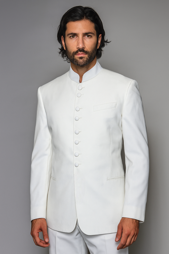 Quality Pure Snow White Mandarin Collar Tuxedo Suits For Men Light Weight Soft Fabric - All White Suit