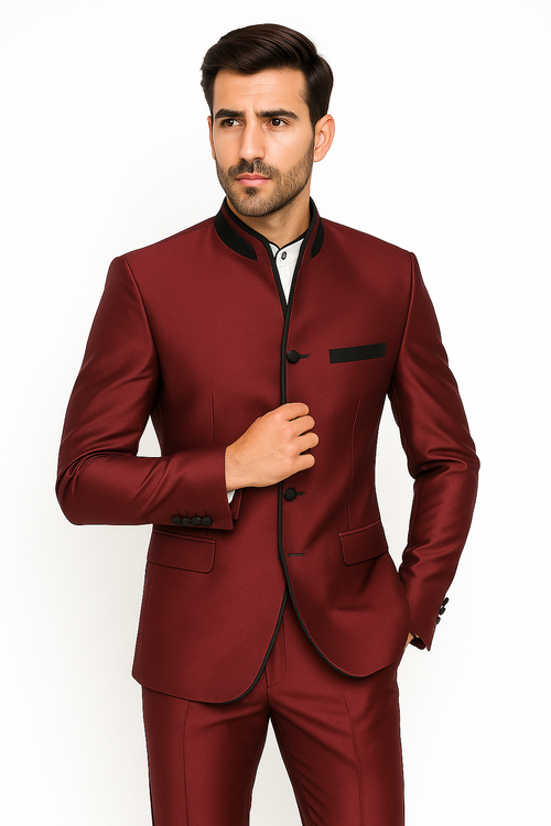 Wedding Groom Suit - Prom 2026 Tuxedo Suit - No Collar Weddig Tuxedo - Wine