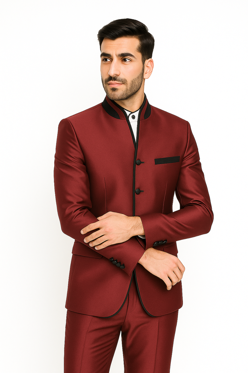 Wedding Groom Suit - Prom 2026 Tuxedo Suit - No Collar Weddig Tuxedo - Wine