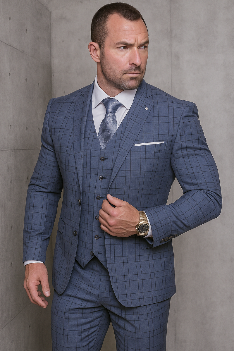 Statement Suits - Plaid Suits - Business Suits Italian Vested Suits Blue