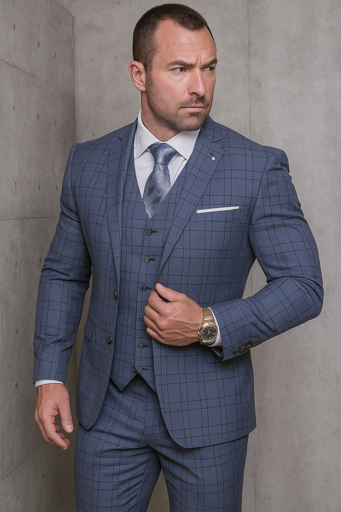 Statement Suits - Plaid Suits - Business Suits Italian Vested Suits Blue