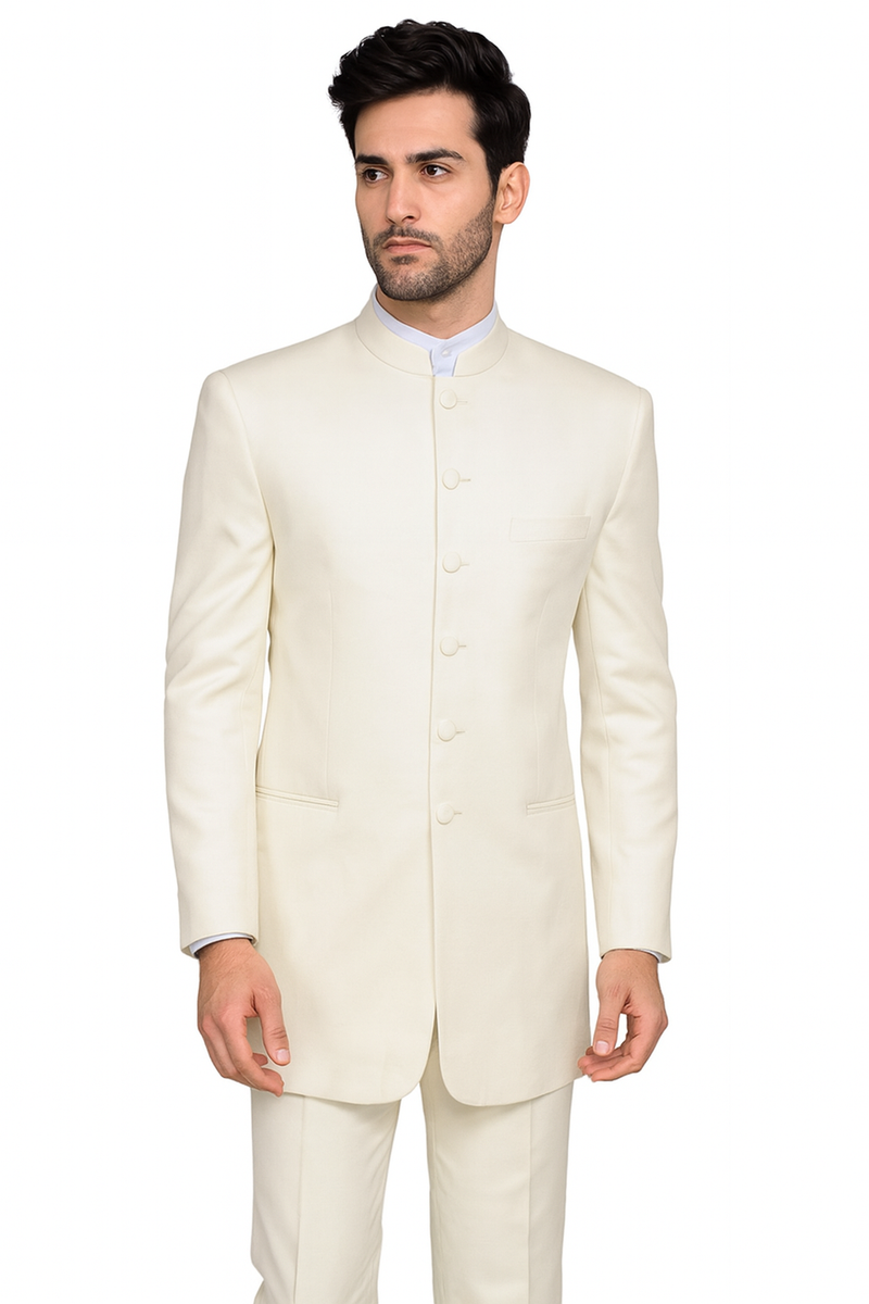 Men’s Cream Mandarin Collar Tuxedo, No Collar Formal Wedding Prom Suit