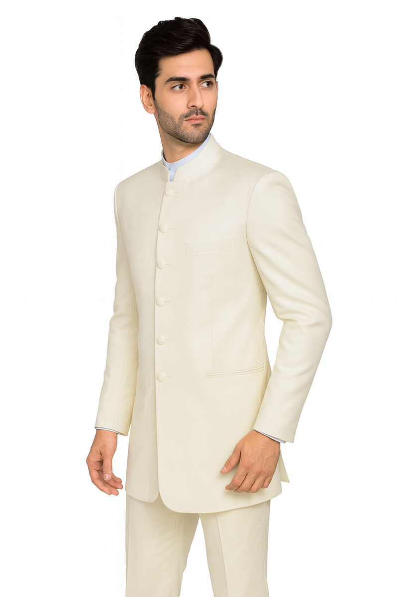 Men’s Cream Mandarin Collar Tuxedo, No Collar Formal Wedding Prom Suit