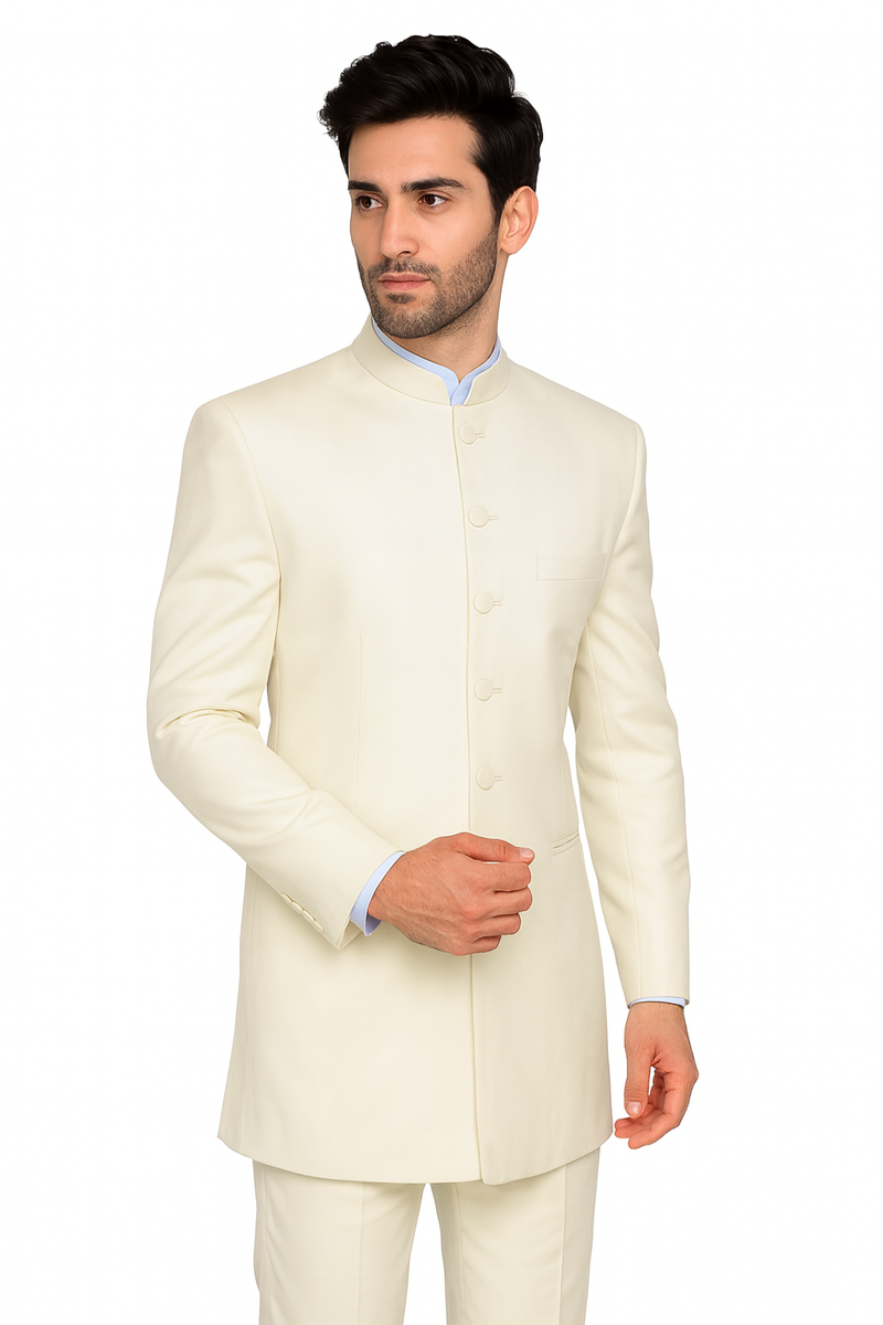 Men’s Cream Mandarin Collar Tuxedo, No Collar Formal Wedding Prom Suit