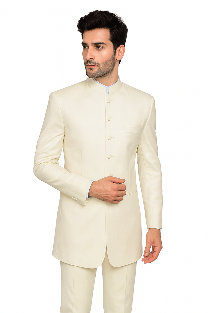 Men’s Cream Mandarin Collar Tuxedo, No Collar Formal Wedding Prom Suit