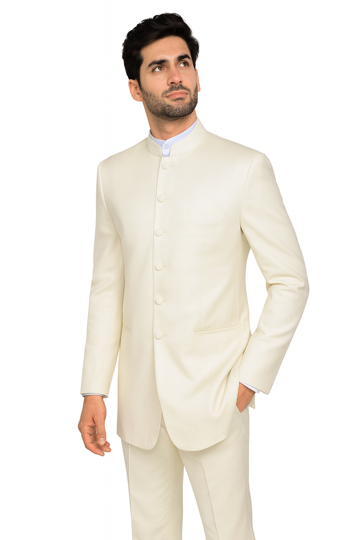 Men’s Cream Mandarin Collar Tuxedo, No Collar Formal Wedding Prom Suit