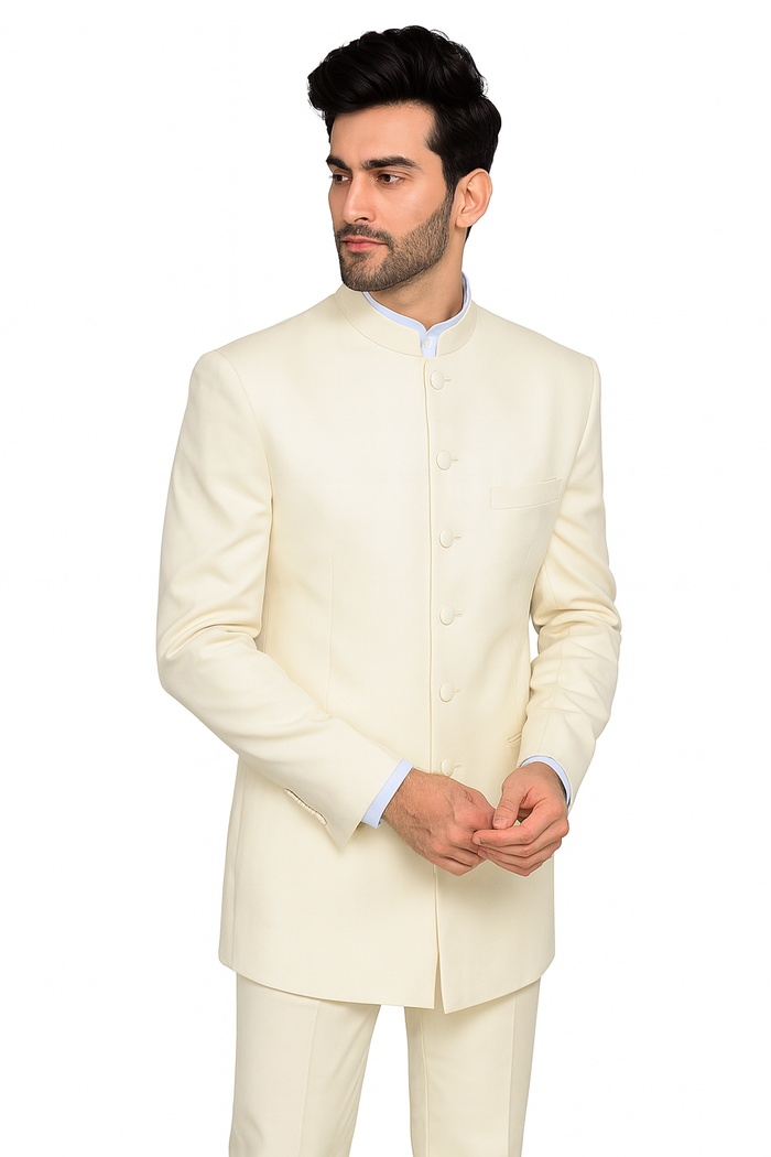 Men’s Cream Mandarin Collar Tuxedo, No Collar Formal Wedding Prom Suit