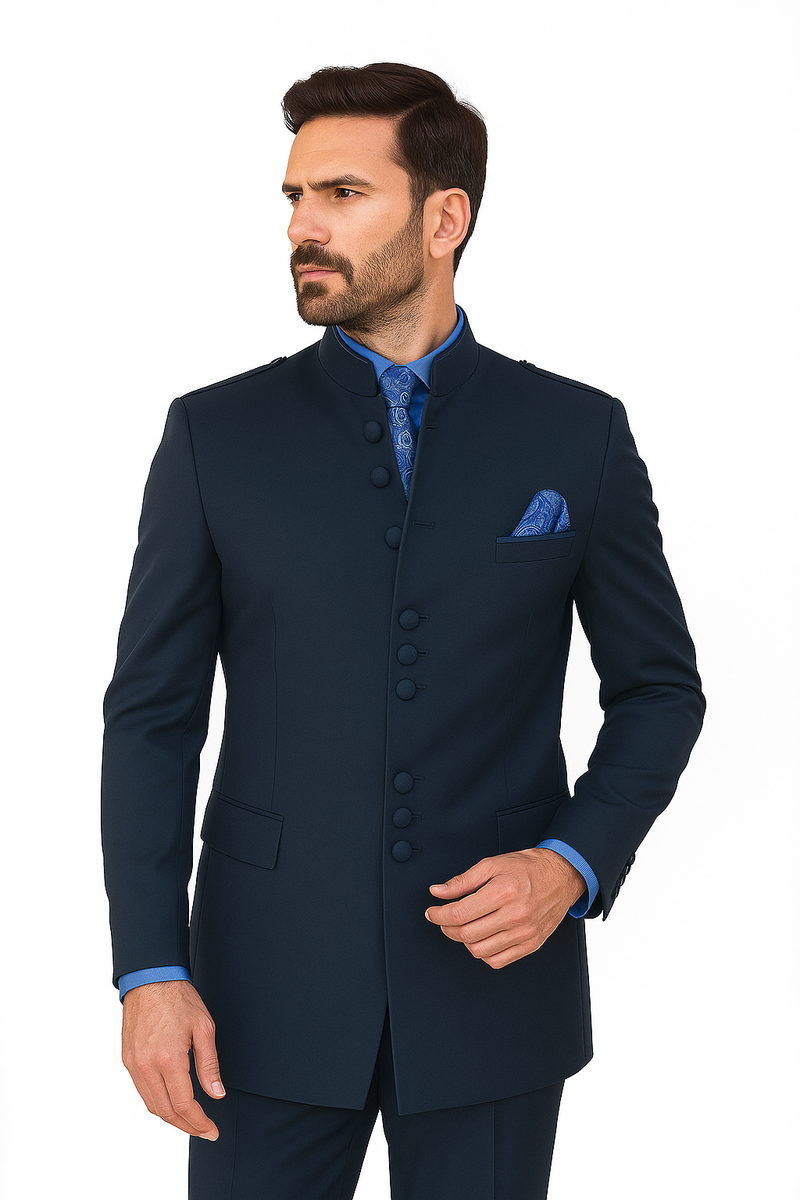 Mandarin Collar Tuxedo - Mandarin Tuxedo - No Collar Suit - Navy Blue Suit