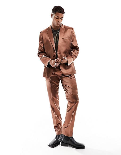 Mens Satin Suit -  Shiny Rust Copper Suit - Prom Suit