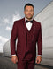 Burgundy men's tuxedo with vest, shawl lapels, and satin trim. Tailored fit with a structured silhouette. Includes matching trousers, button-up front, and side pockets. Smooth fabric.
