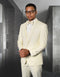 Men's ivory satin trim tuxedo with a shawl lapel. Fitted jacket with a one-button closure. Includes a sleek vest. Classic and elegant formal wear.
