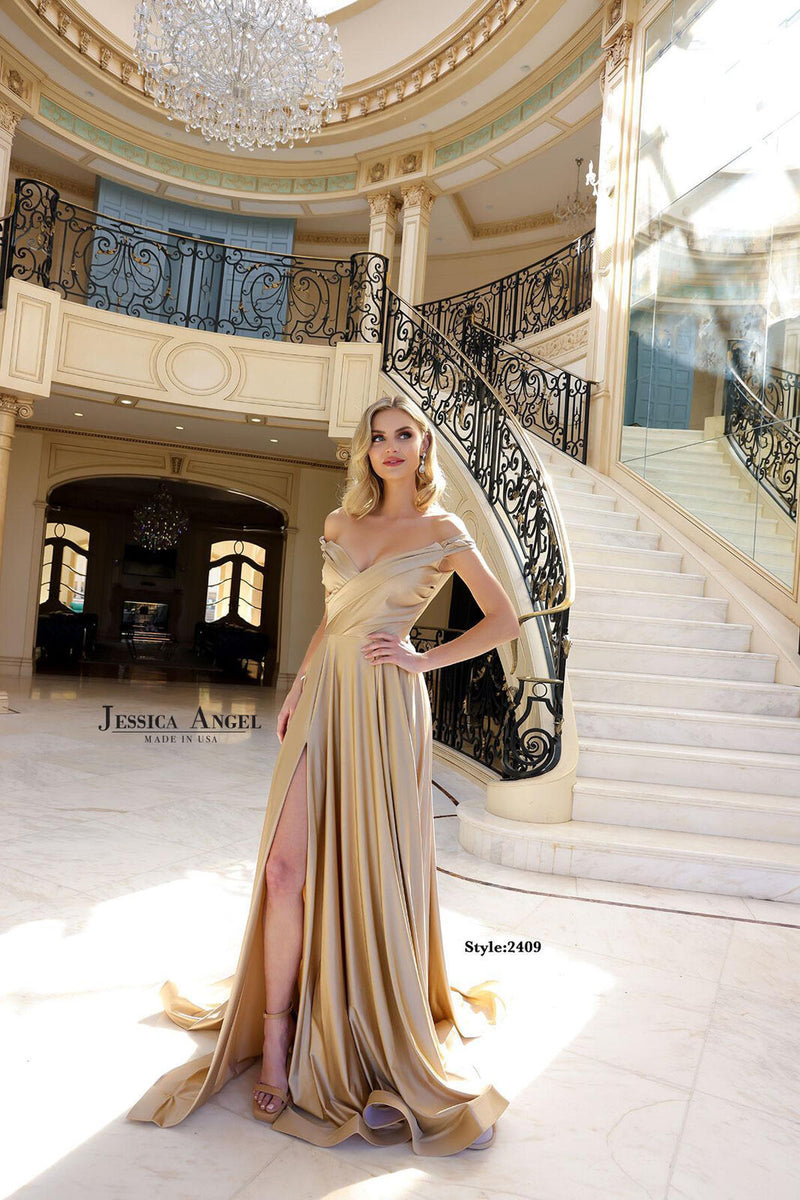 Jessica Angel JA2409 Off-Shoulder A-Line Ruched Train Slit Prom Jersey Dress