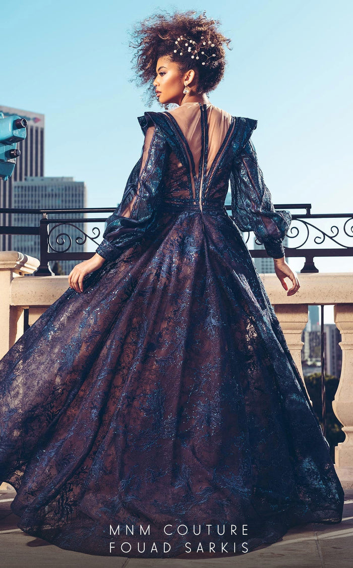 MNM Couture 2522 Navy Blue Sequin Ball Gown with Sheer Sleeves