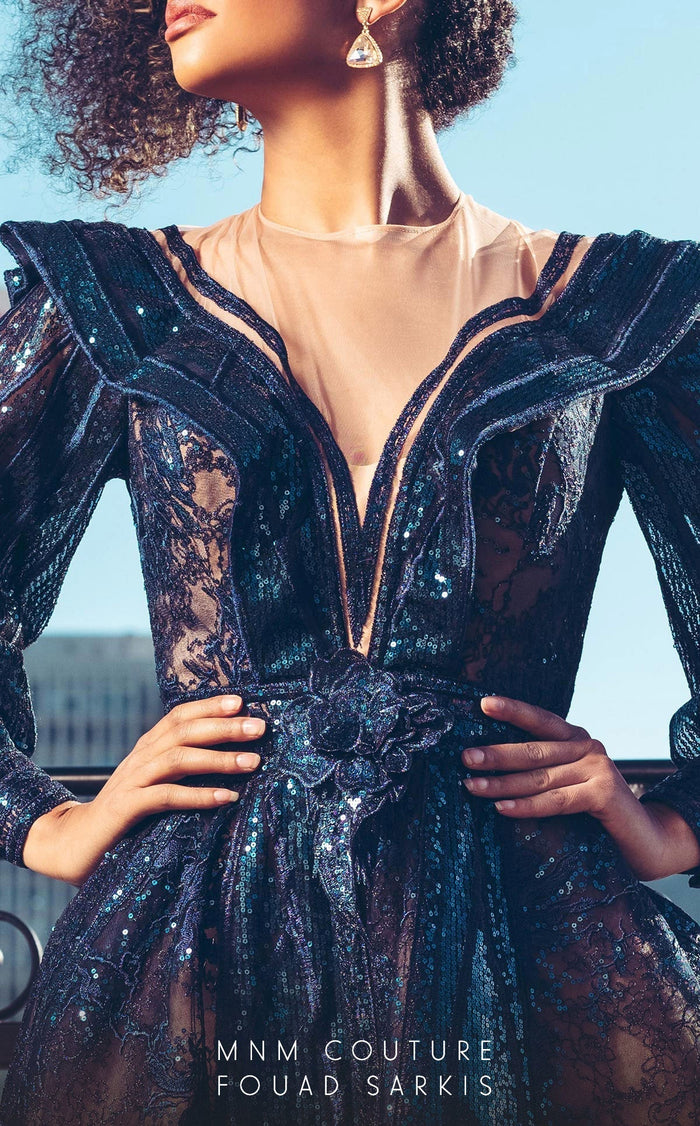 MNM Couture 2522 Navy Blue Sequin Ball Gown with Sheer Sleeves