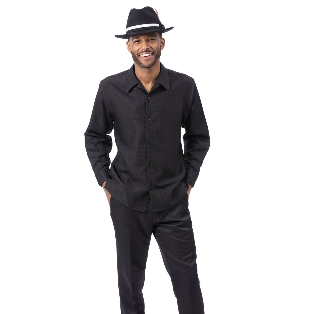 Black Tone-on-Tone Wave Texture Long Sleeve 2-Piece Walking Suit