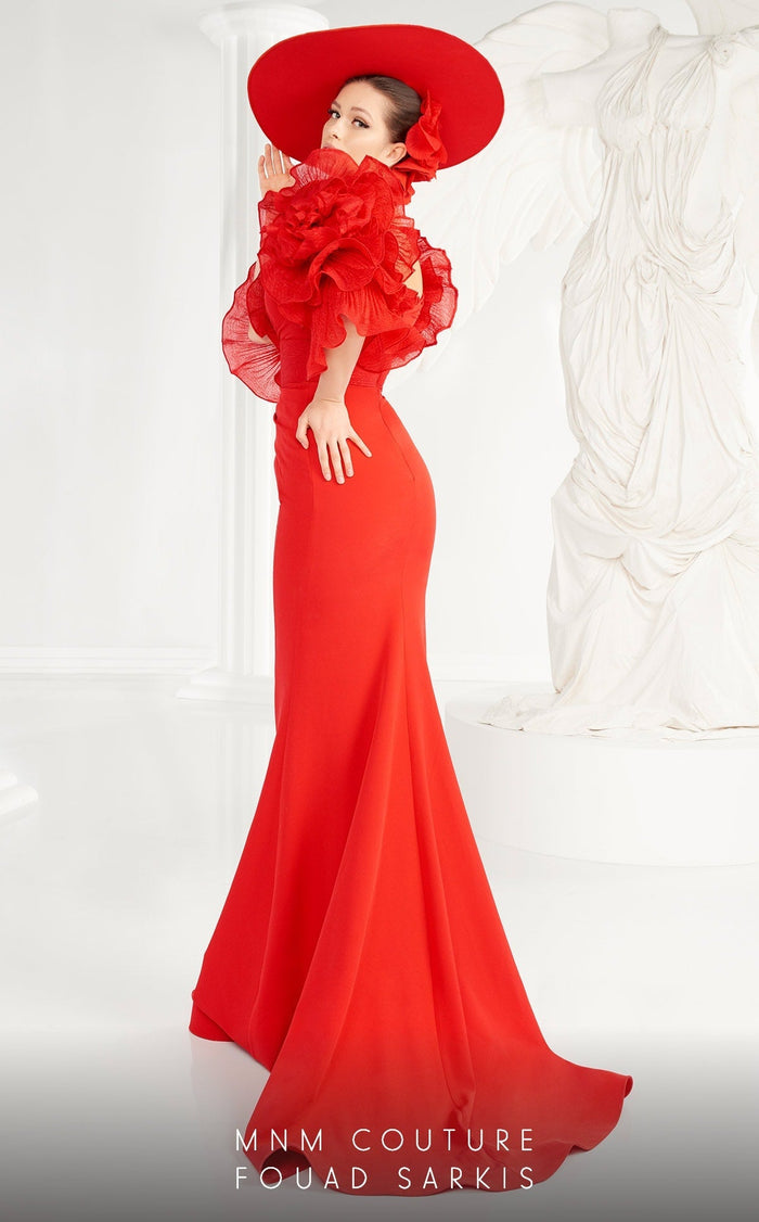 Fouad Sarkis 2574 Red Ruffled Sleeve Mermaid Gown by MNM Couture