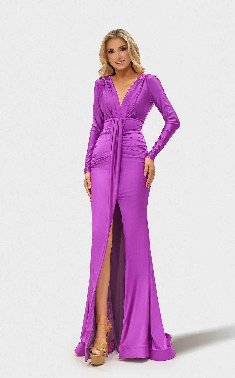 Jessica Angel JA2661 V-Neck Long Sleeve Sheath V-Back Slit Evening Jersey Dress