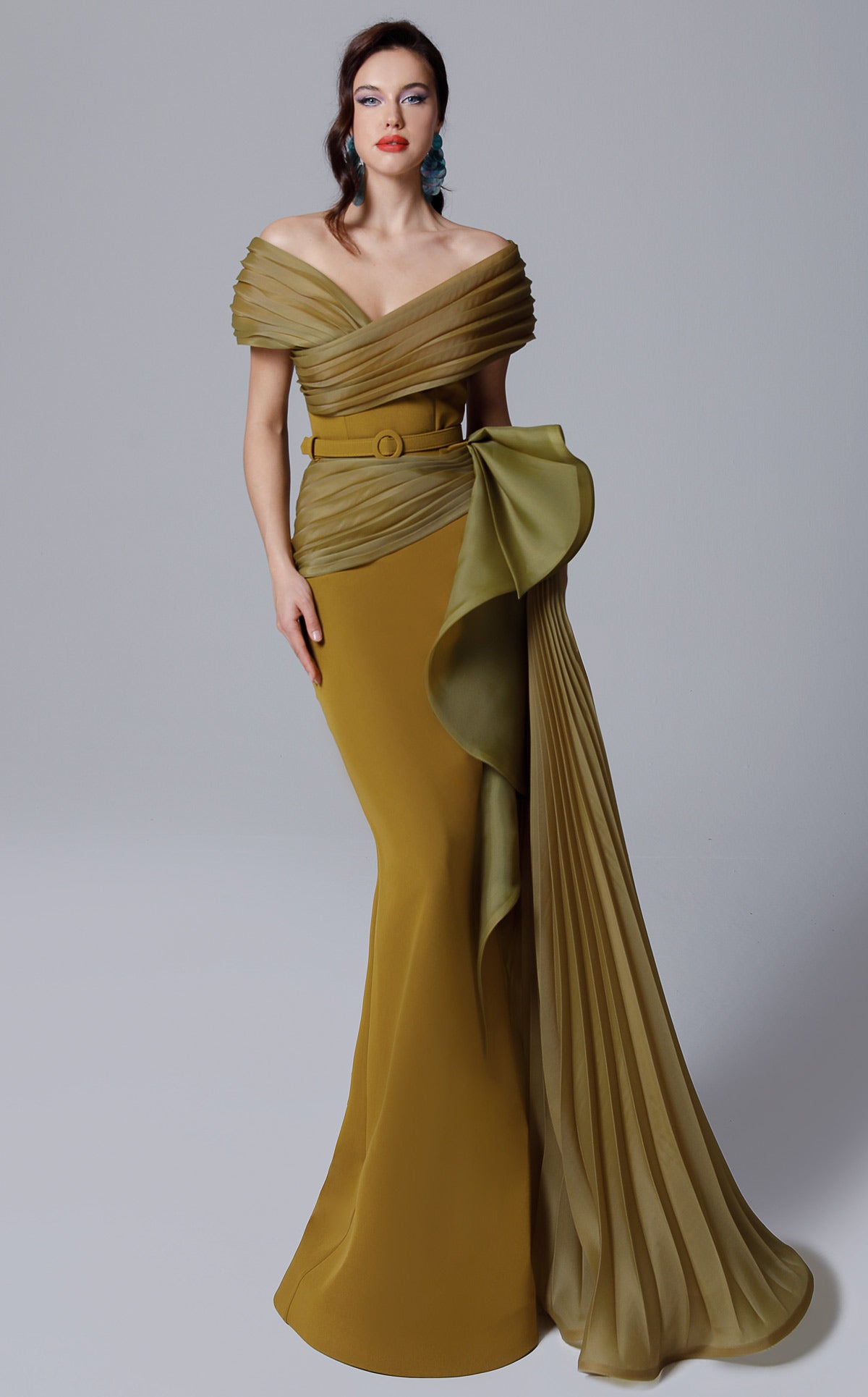 Off-Shoulder Evening Gown with Pleated Overskirt & Bow Detail Formal Dress by MNM Couture 2692