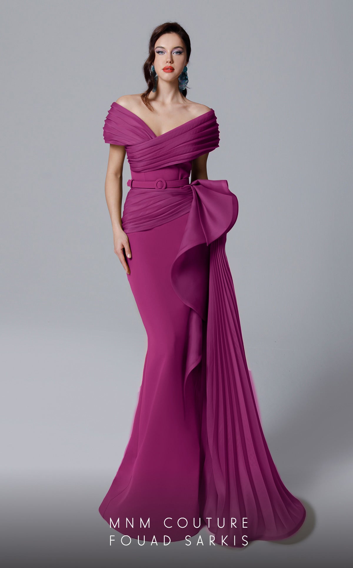 Off-Shoulder Evening Gown with Pleated Overskirt & Bow Detail Formal Dress by MNM Couture 2692
