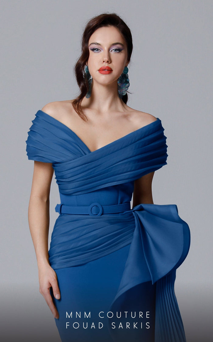 Off-Shoulder Evening Gown with Pleated Overskirt & Bow Detail Formal Dress by MNM Couture 2692