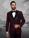 Burgundy wool tuxedo with shawl lapels, single-button closure, and matching vest. Features black accents, a smooth finish, and sleek fit.
