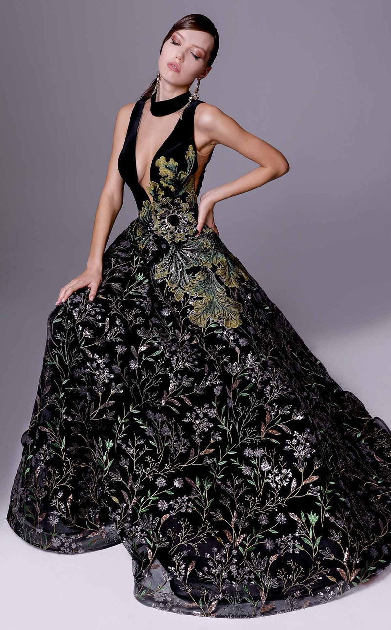 Fouad Sarkis 2707 Plunging Embroidered Ball Gown in Black