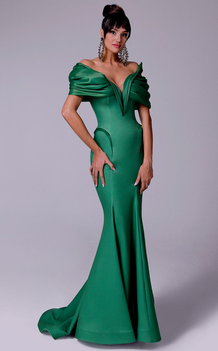 Fouad Sarkis 2710 Off-Shoulder Draped Mermaid Gown in Green