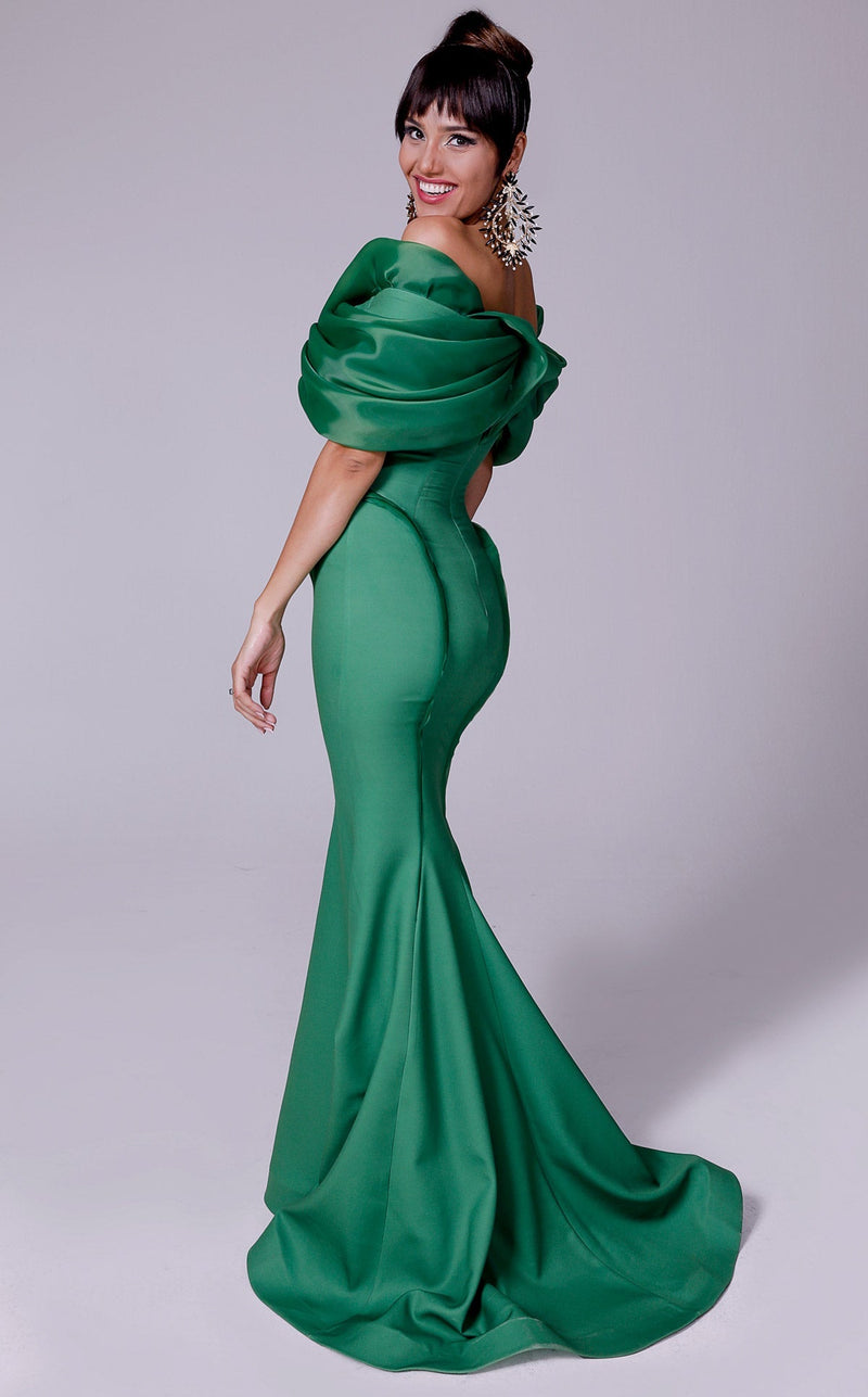 Fouad Sarkis 2710 Off-Shoulder Draped Mermaid Gown in Green